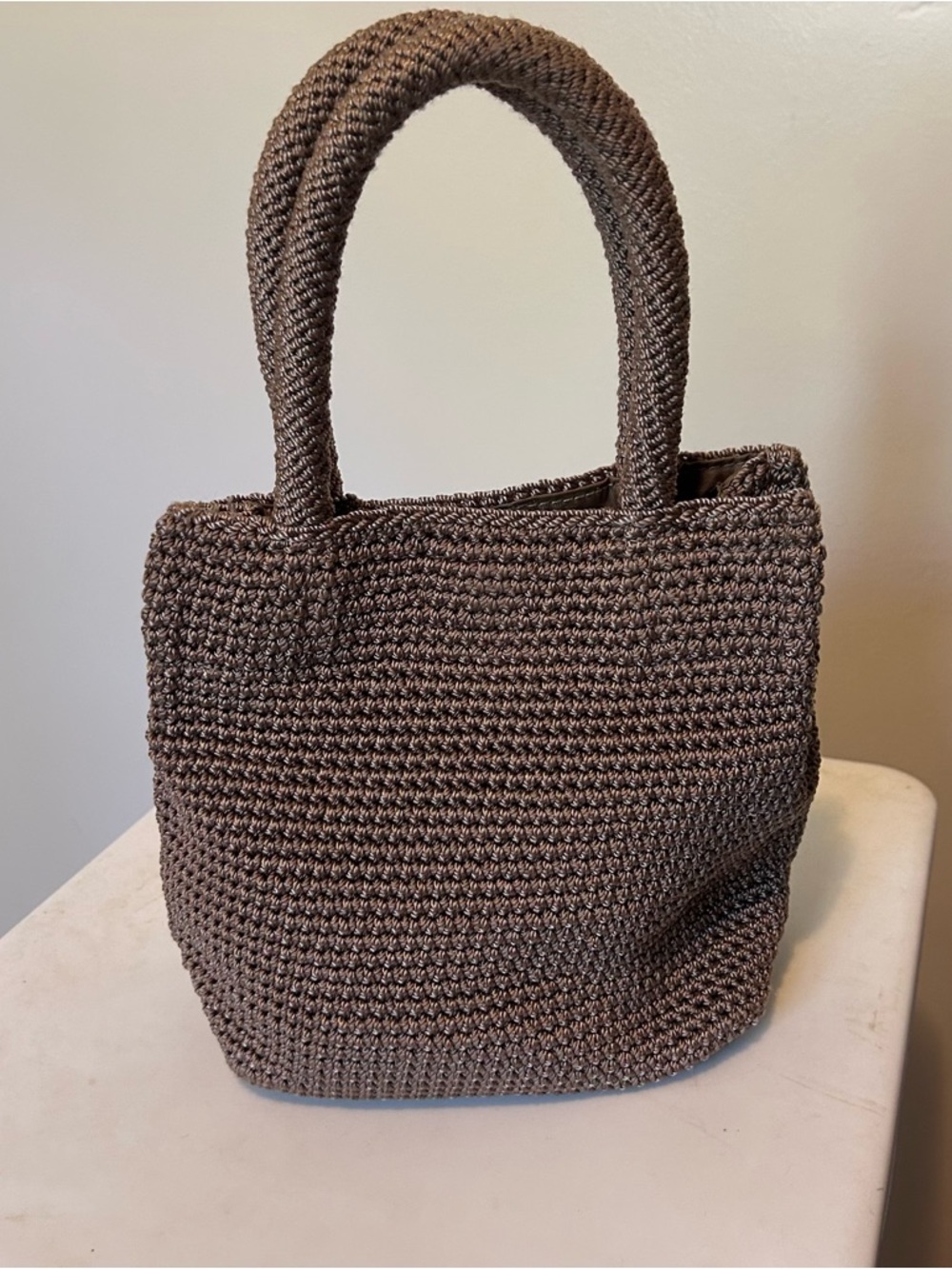 The Sak Crochet Fabric Woven Handbag Mini Tote Taupe - Picture 3 of 6